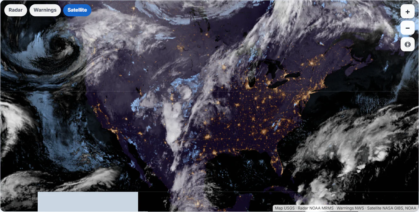 The radar map with only the Satellite layer switched on: a satellite picture of clouds over the United States, with the Radar and Warnings buttons off